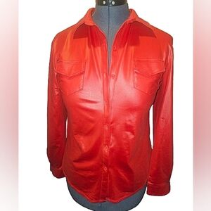 Vibrant Red Leather Look Button Down Blouse L